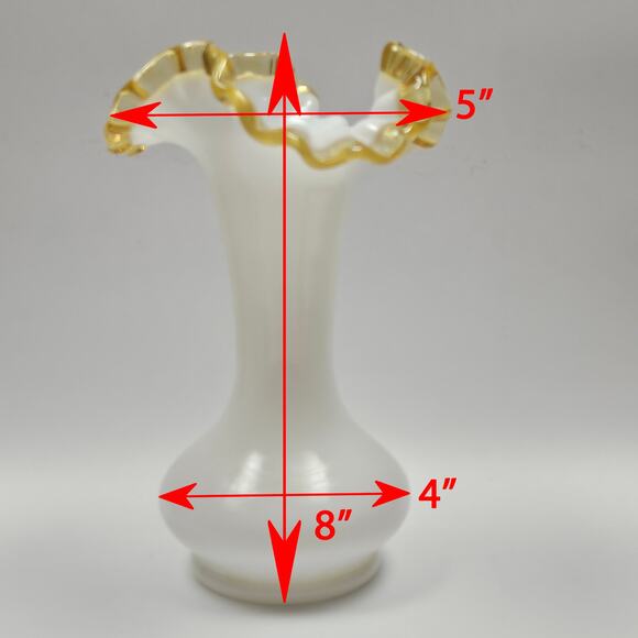 VTG 8" Double Crimped Ruffle Fenton Gold Crest Milk Glass Vase Transparent Gold - Picture 8 of 8